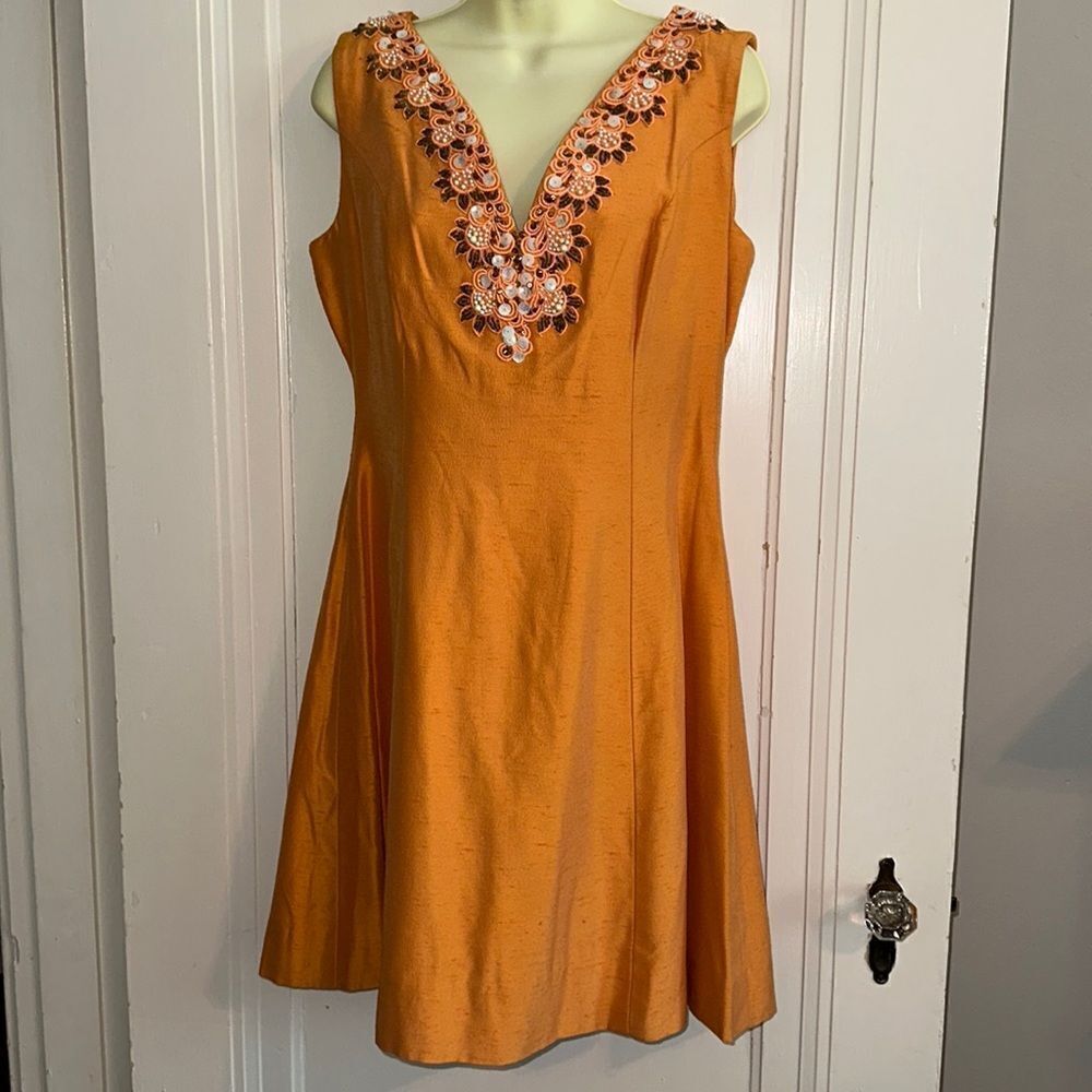 Vintage 60s orange sleeveless  pearl & sequined V neckline short dressy dress‎